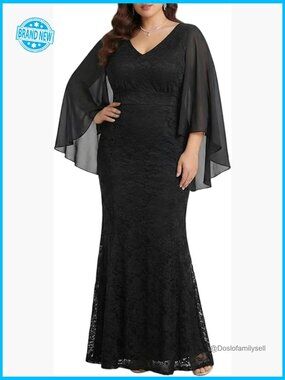 Chiffon Capelet Lace Mermaid Formal Gown Plus Size Elegant Evening Dress